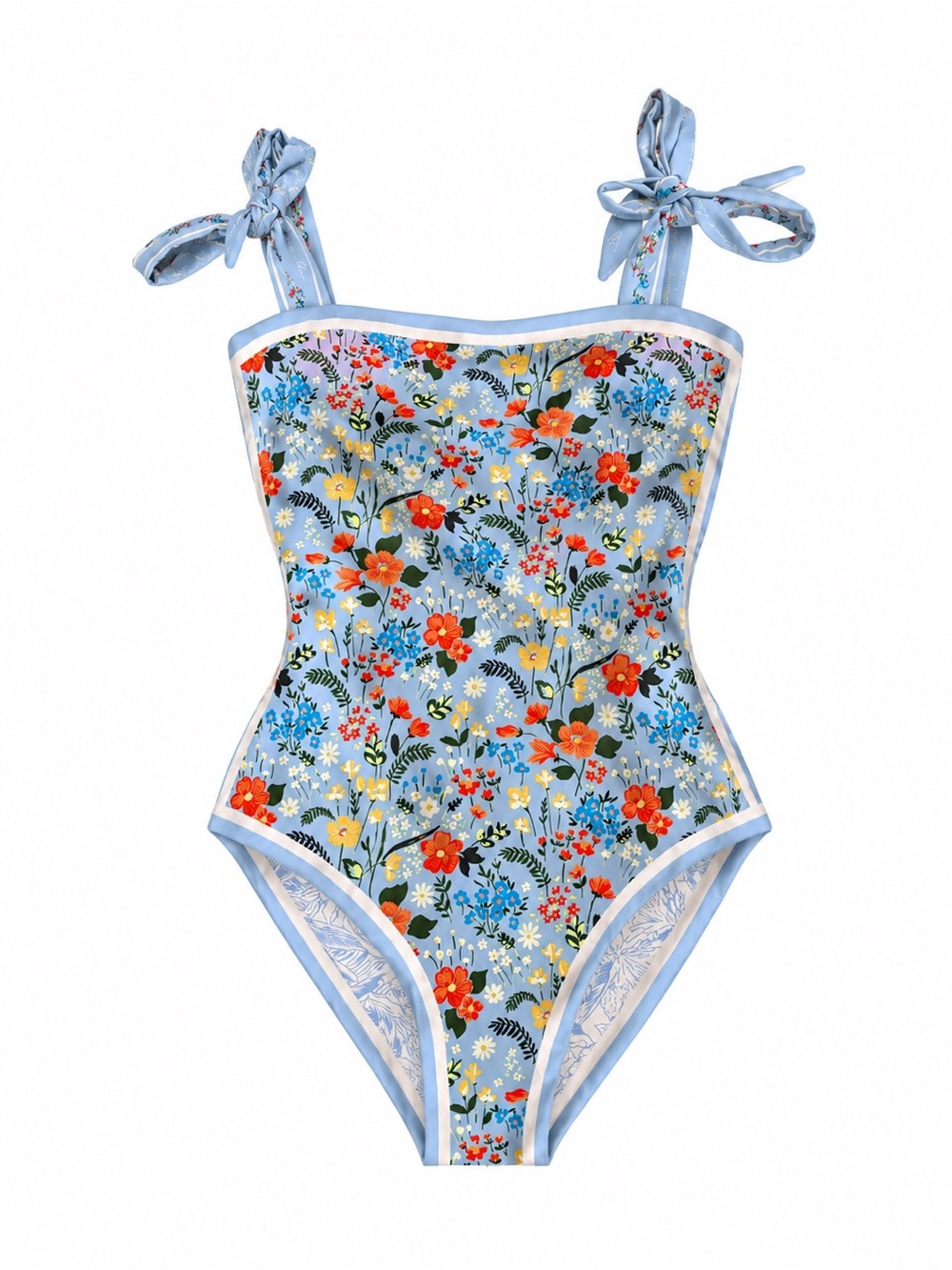 Reversible Floral Tie-Shoulder One-Piece Swimsuit - Light Blue